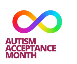 An infinity symbol in rainbow colors. Autism Acceptance Month