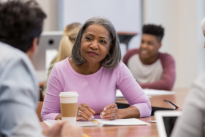 Mature African American woman in training